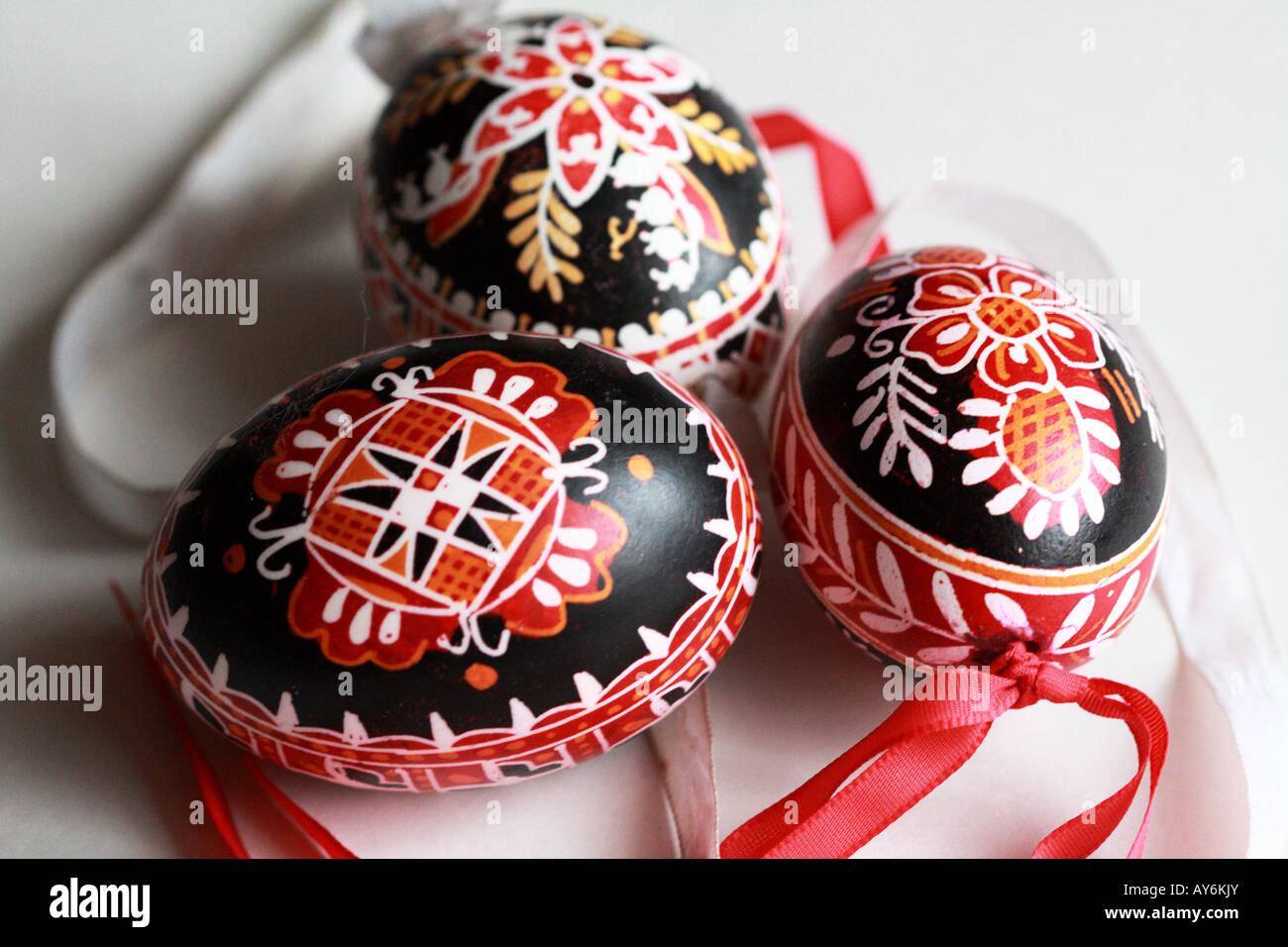 three traditional handpainted black Czech Easter eggs Stock Photo Alamy