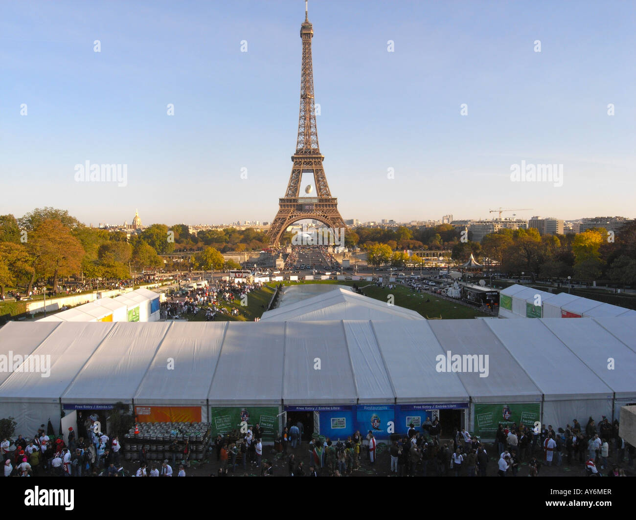 A Hospitality Tent with the Eiffel Tower in the Background During the Rugby World Cup 2007 Stock Photo
