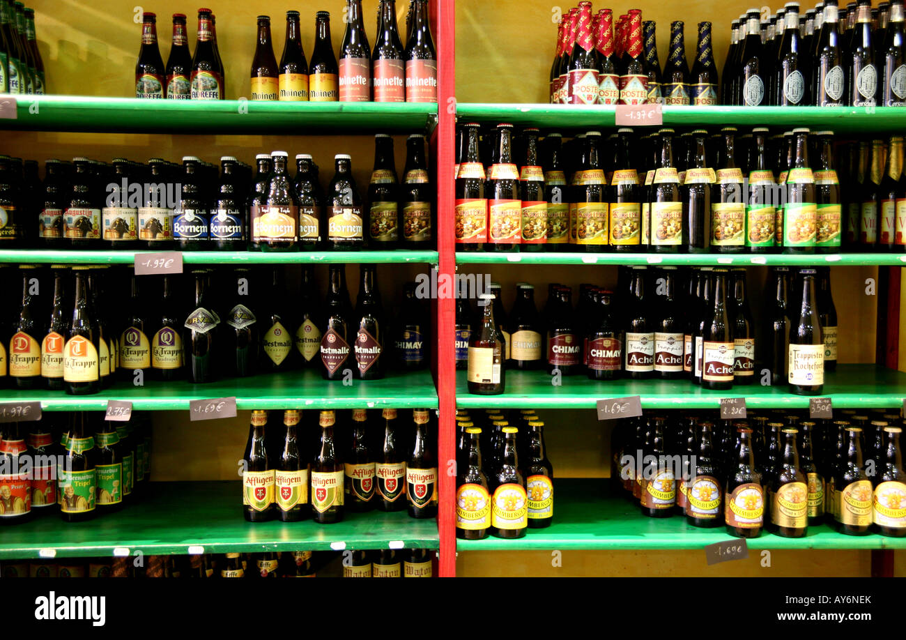Belgian beers on display in Brussels shop Beer Mania which stocks 400