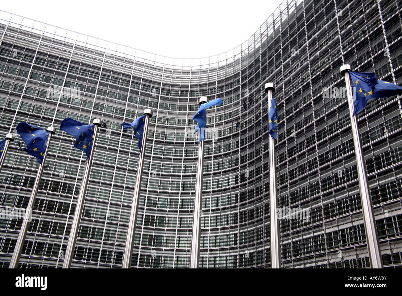 EU flags flying in front of Berlaymont building in Brussels Stock Photo