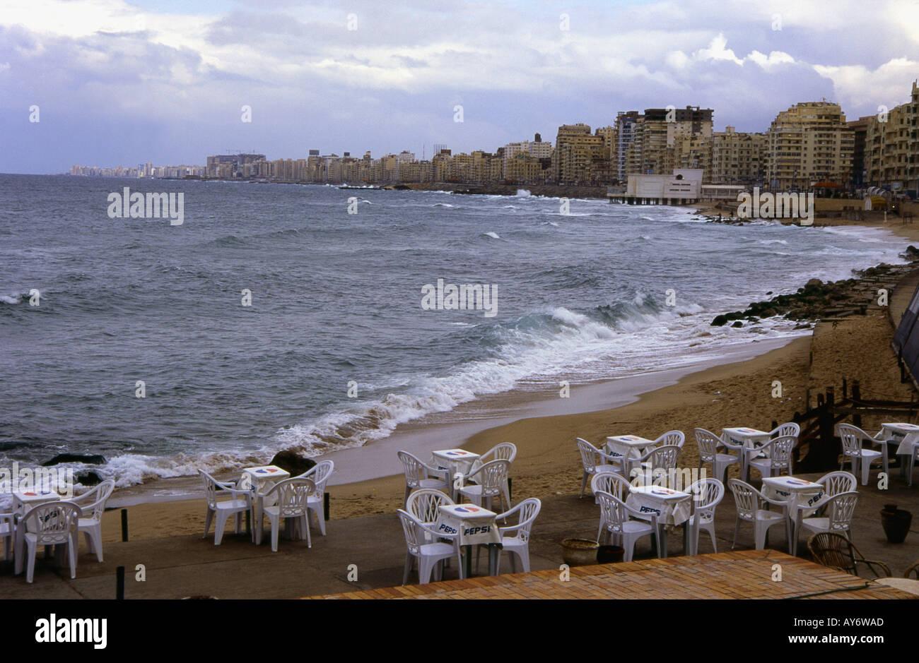 Panoramic View of Corniche Beach Mediterranean Sea Alexandria Arab Republic of Egypt Egyptian North Africa Middle East Stock Photo