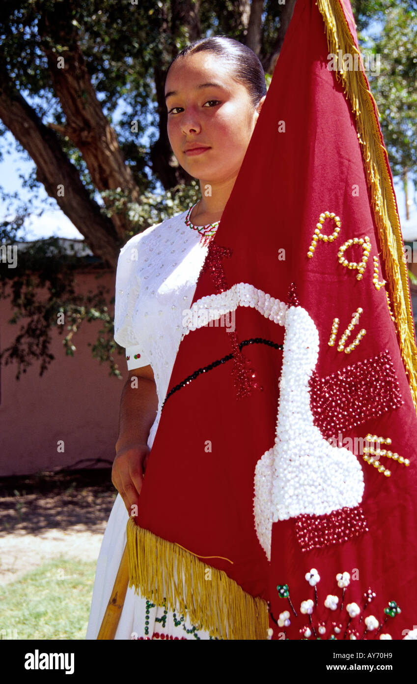 MR 693 Hispanic performer Jessica Fernandez of the dance troop Danza Matachin Pavo Real, in Carrizozo, New Mexico. Stock Photo