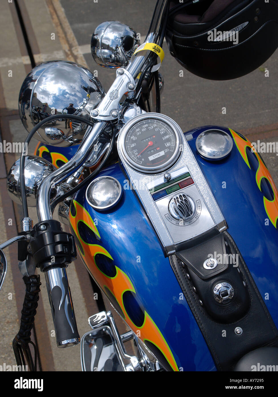 Blue fuel tank of a customized Harley Davidson motorcycle with