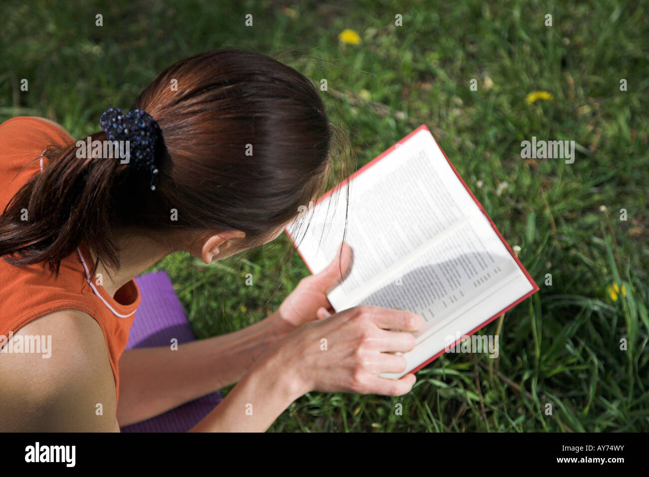 Woman sitting in a park and reading a book Stock Photo - Alamy