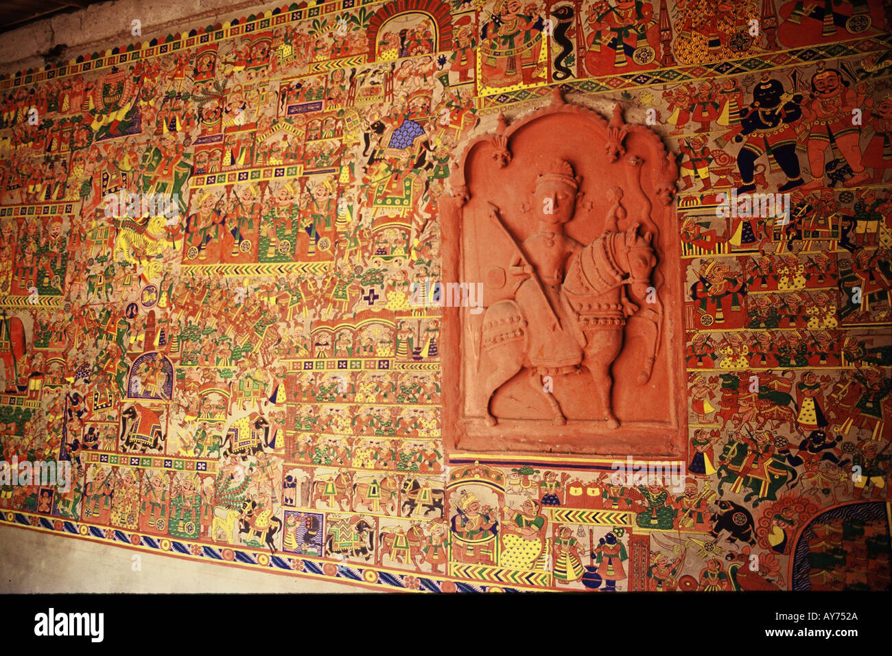 Rajasthani Wall Mural of man on horse and paintings in Rajasthan India