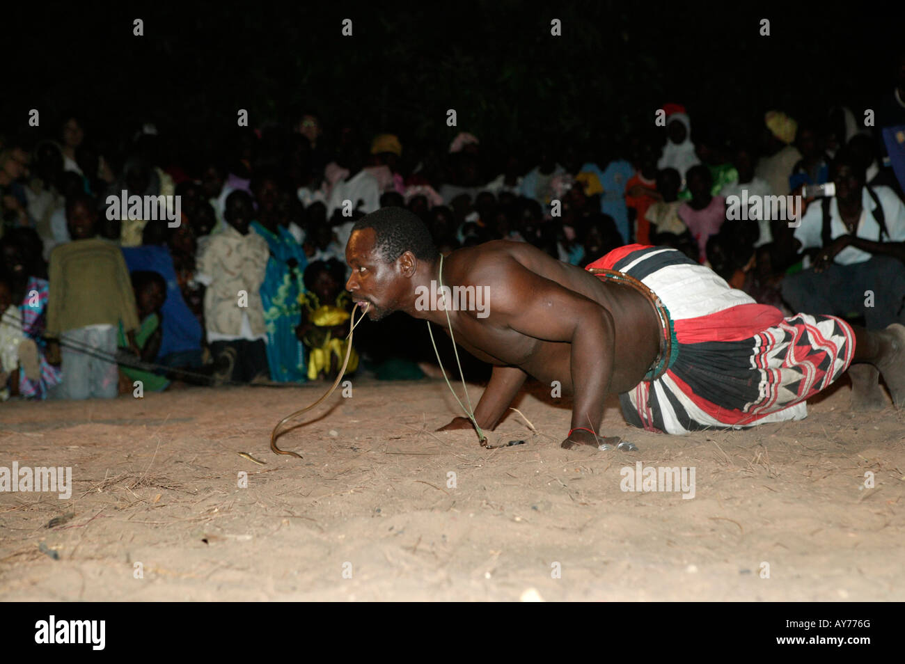 performer with snake in mouth at the Kartong festival The Gambia West Africa Stock Photo