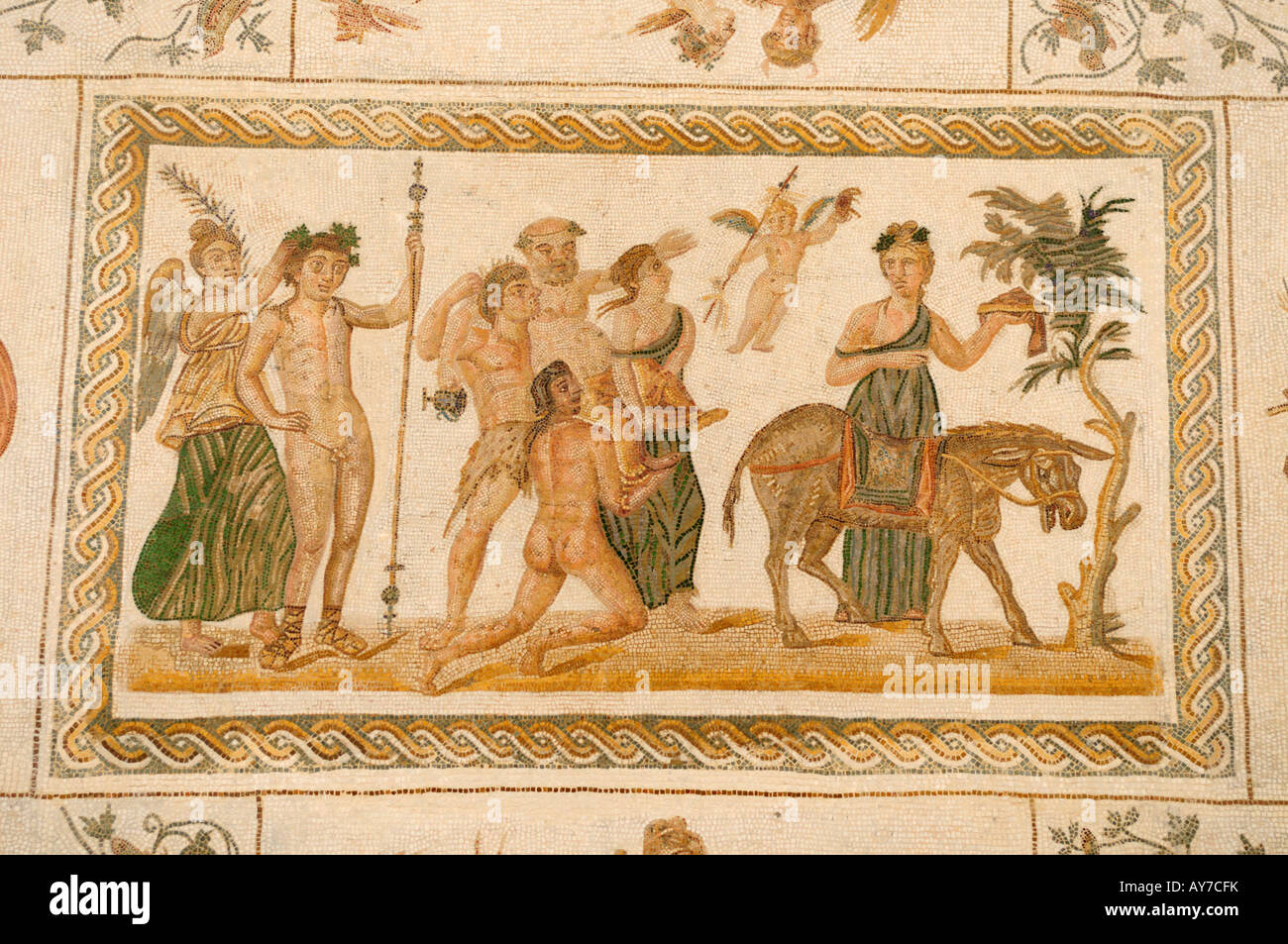 Mosaic depicting the Crowning of Dionysus and Silenius being carried towards a Donkey, Archaeology museum, El Jem Tunisia Stock Photo