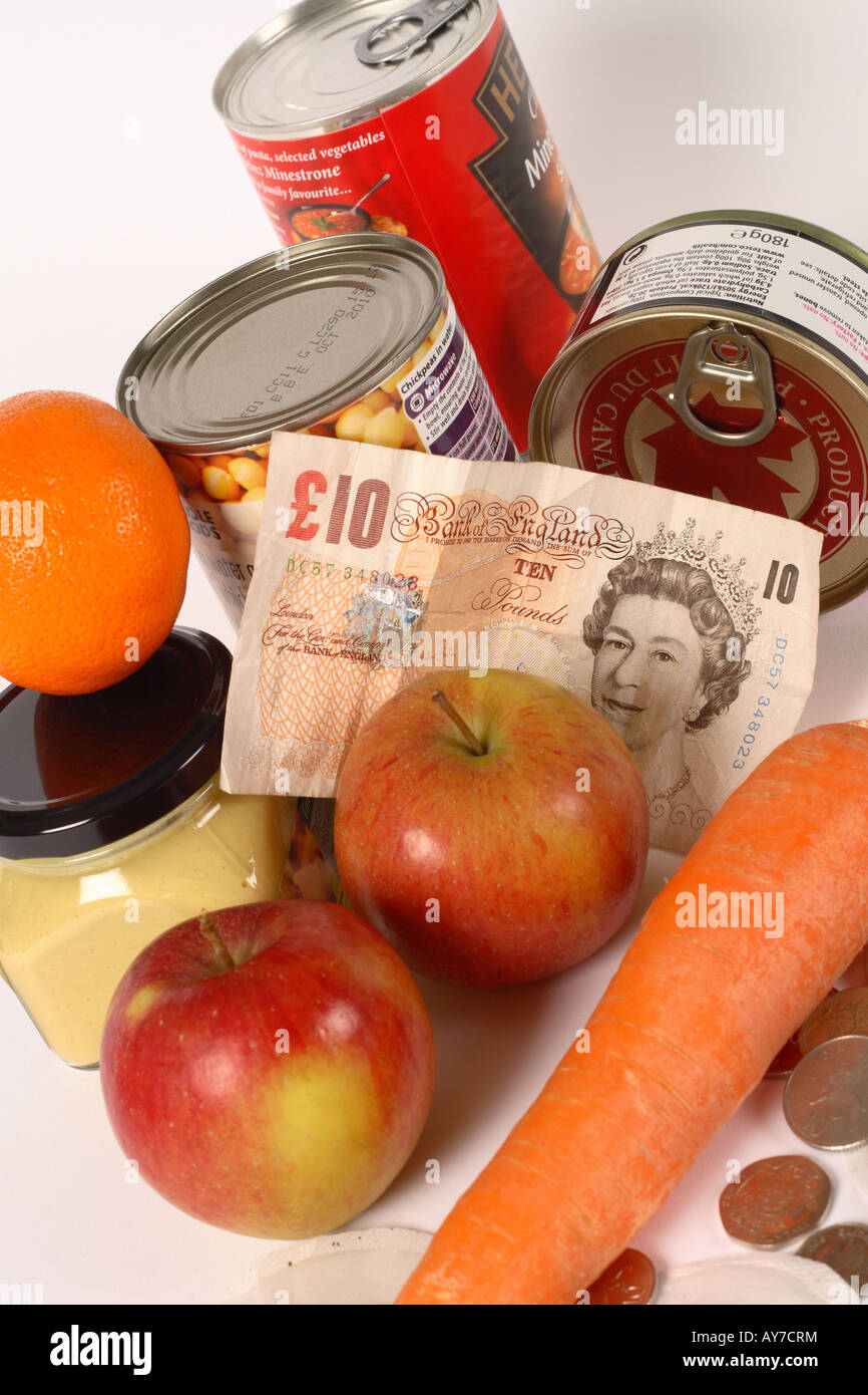 The Cost of Living cost of food £10 banknote food cans tins fruit