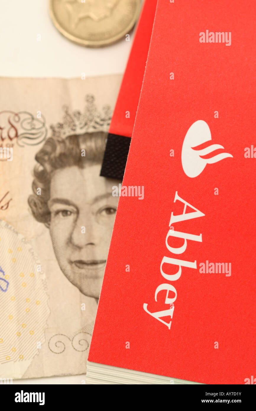 Abbey bank cheque book cover logo design with 10 ten pound banknote Stock Photo