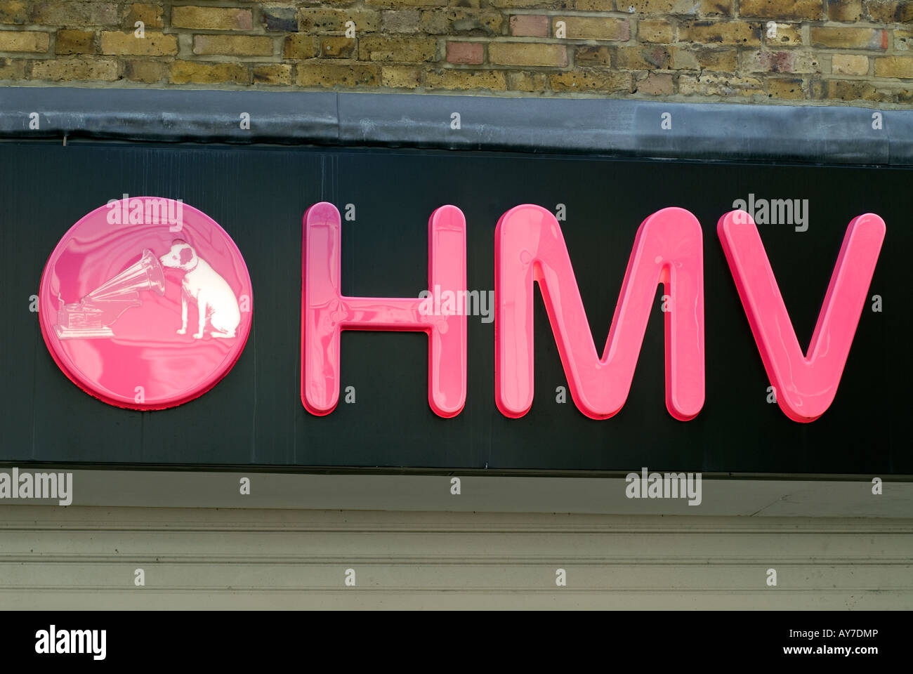 Sign for HMV His Masters Voice record shop High Street Hounslow Middlesex UK Stock Photo