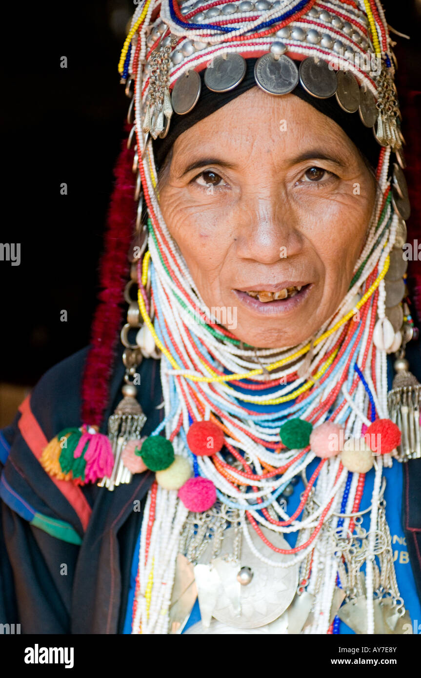 Old woman in hill tribe village Chiang Rai Thailand Stock Photo