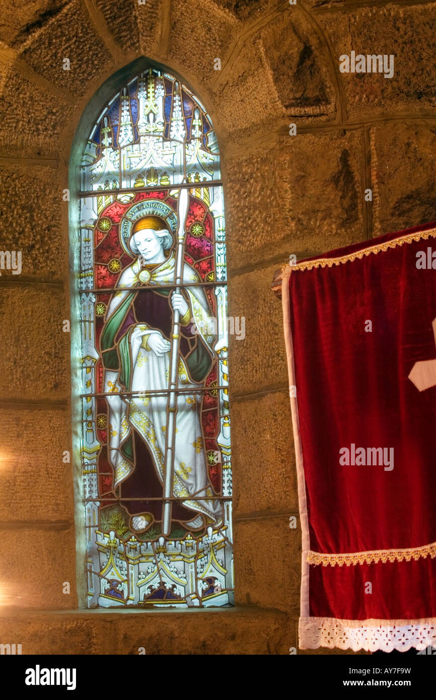 Stained glass window in Protestant Christ Church built of stone by