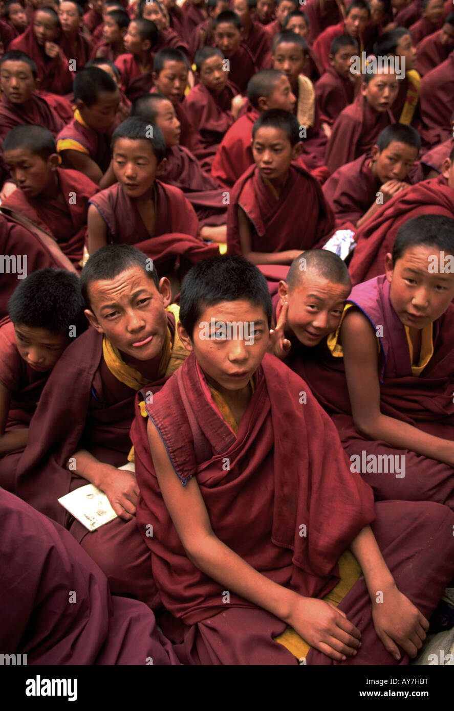 Novice Tibetan Buddhist monks in class at Lhasa's Drepung monastery Stock Photo