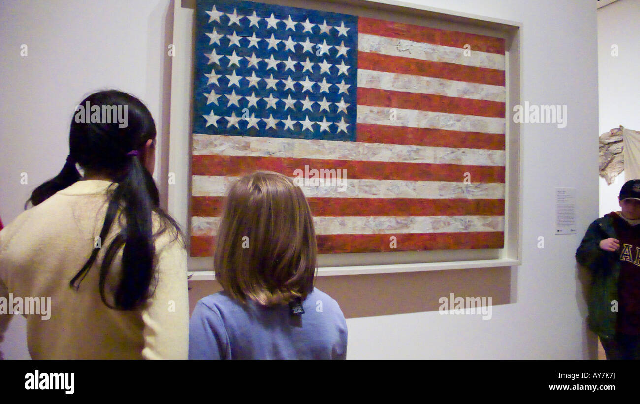 Children watching Jasper Johns s Flag The Museum of Modern Art MoMA New York USA Stock Photo