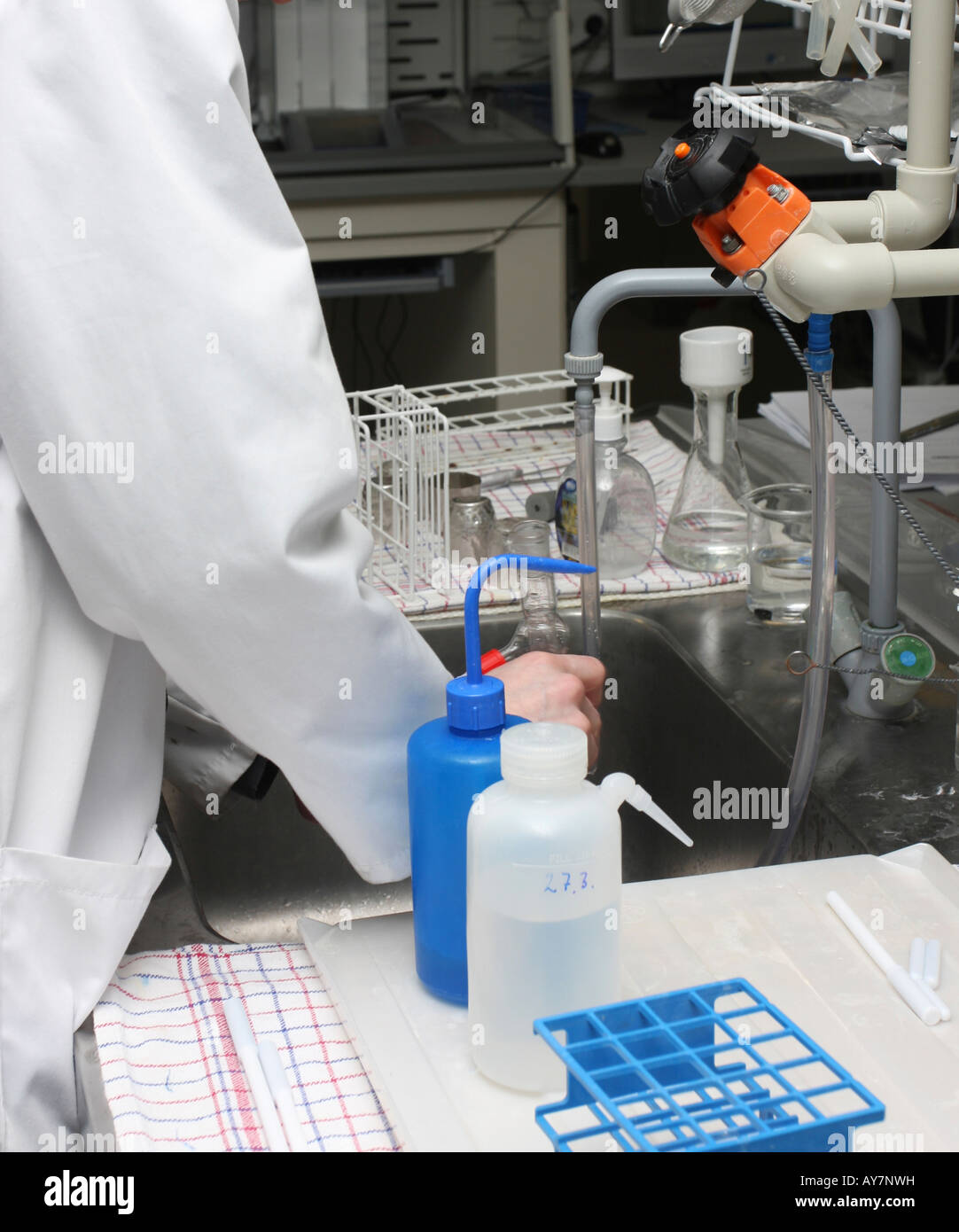 scientist working with chemicals and equipment in a real life