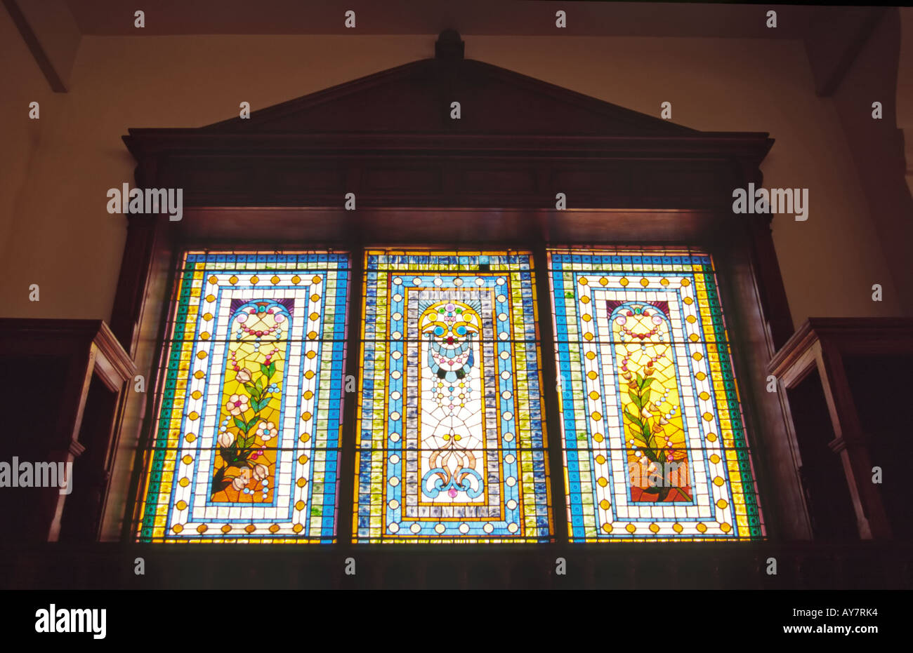 Tall stained glass windows greet visitors on the tour of Armand Hammer United World College, in