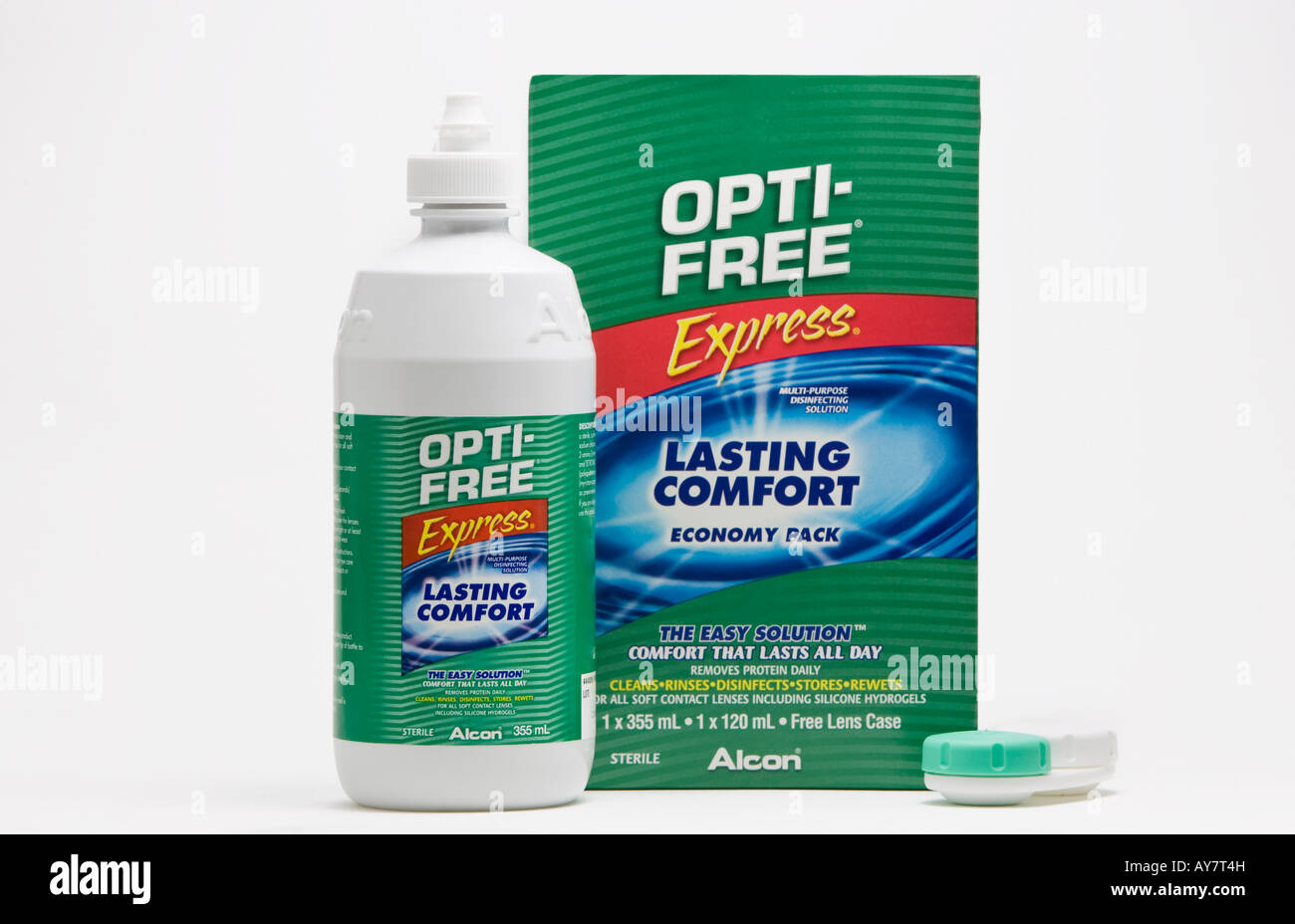 A box of OptiFree Express contact lens solution alongside a bottle and