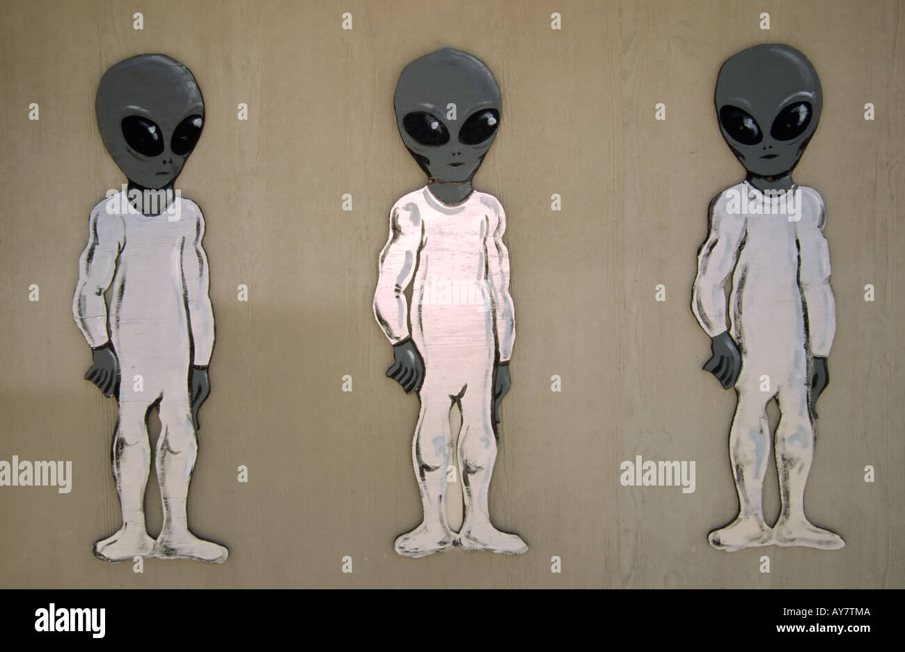 Three unusual visitors from another world are spotted in Roswell, New Mexico. Stock Photo