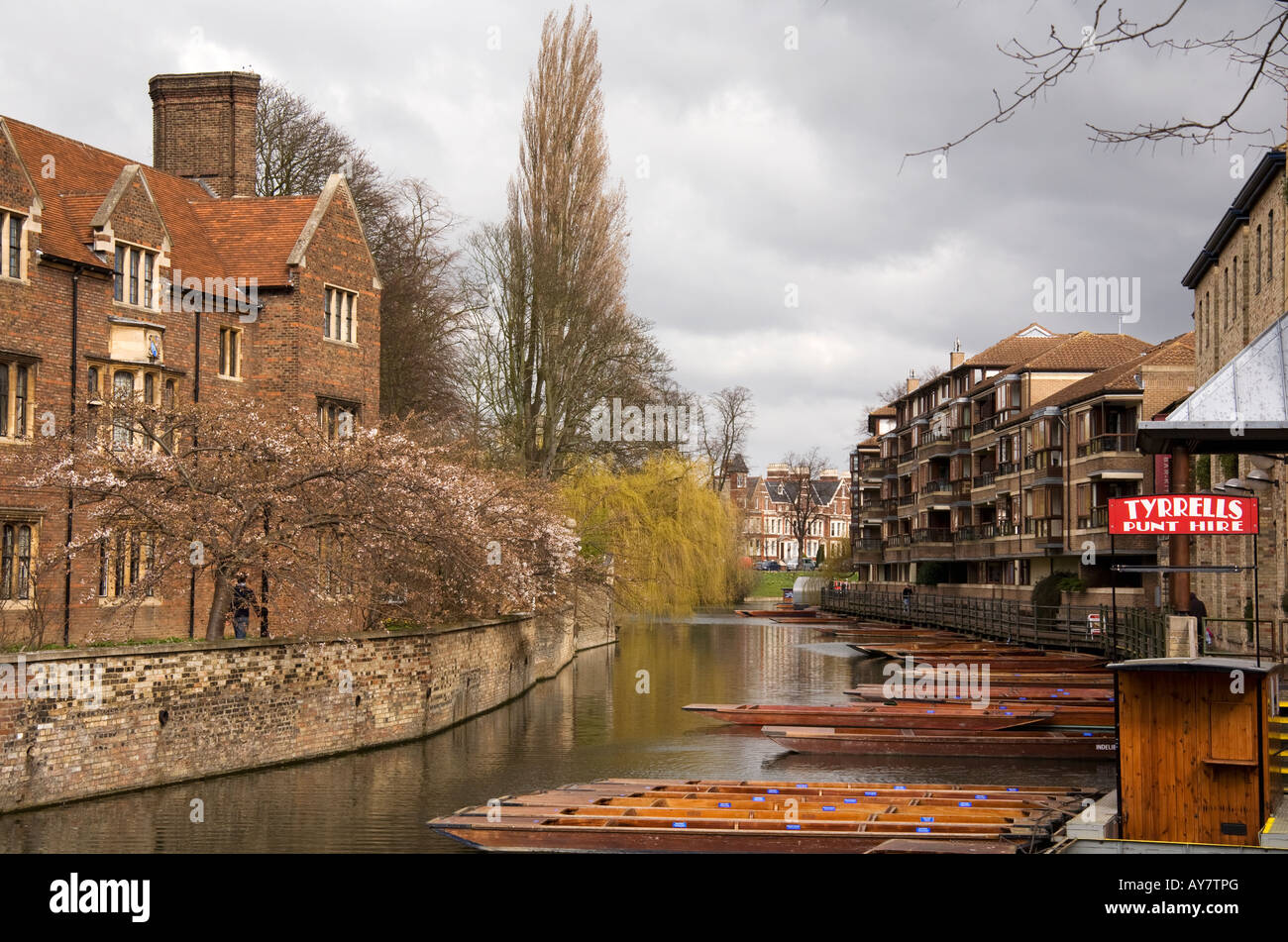 Tyrrells Punt Hire on the river Cam Cambridge and side of Magdalene College Stock Photo