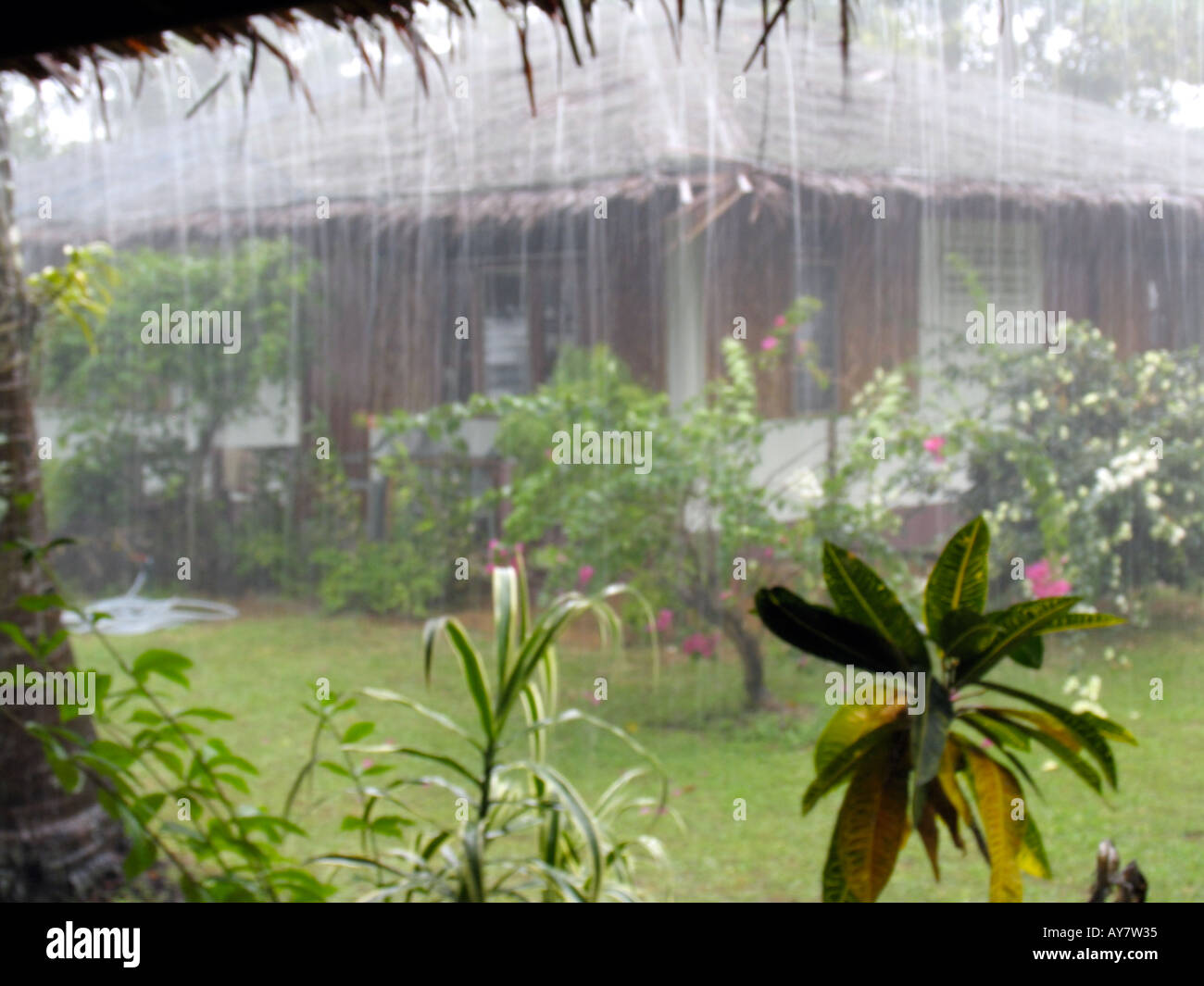 Holiday bungalows in tropical downpour Ko Sukorn island Thailand Stock Photo