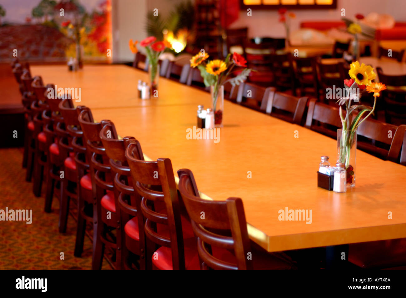 Interior of Mexican restaurant Table for big party Stock Photo