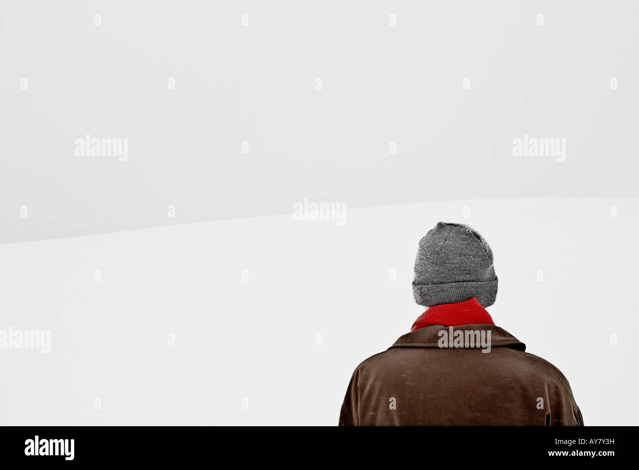 Mountaineer Caught Up In Blizzard Rear View Stock Photo