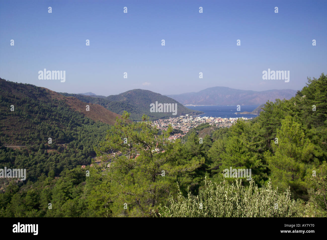 Aerial view of  IÇMELER with MARMARIS in the distance Turkey Stock Photo