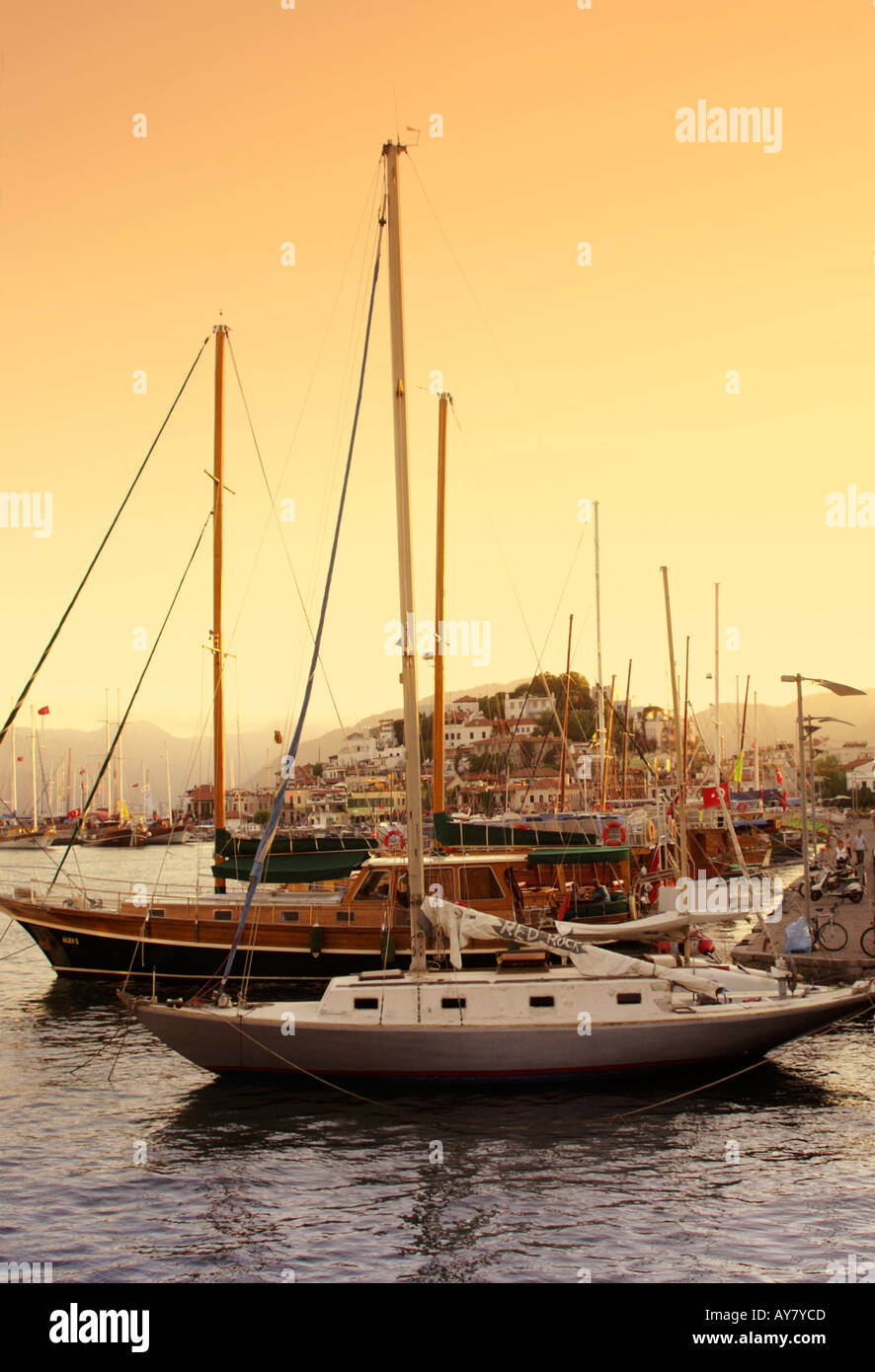 Harbour and boats at sunset in Marmaris, TURKEY Stock Photo