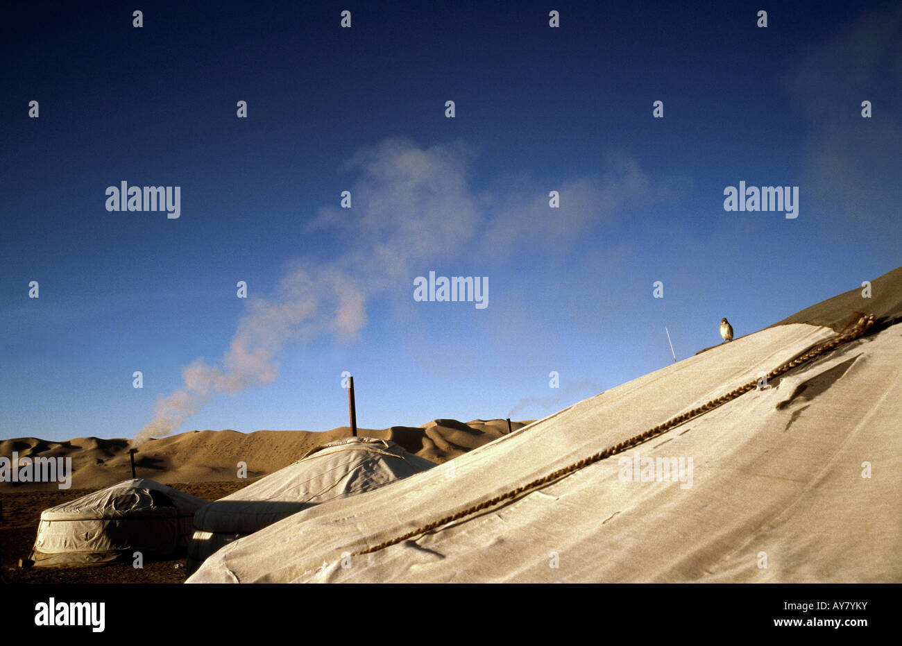 Oct 10, 2006 - Smoke rises from Mongolian ger early in the morning in the Gobi desert of Outer Mongolia. Stock Photo