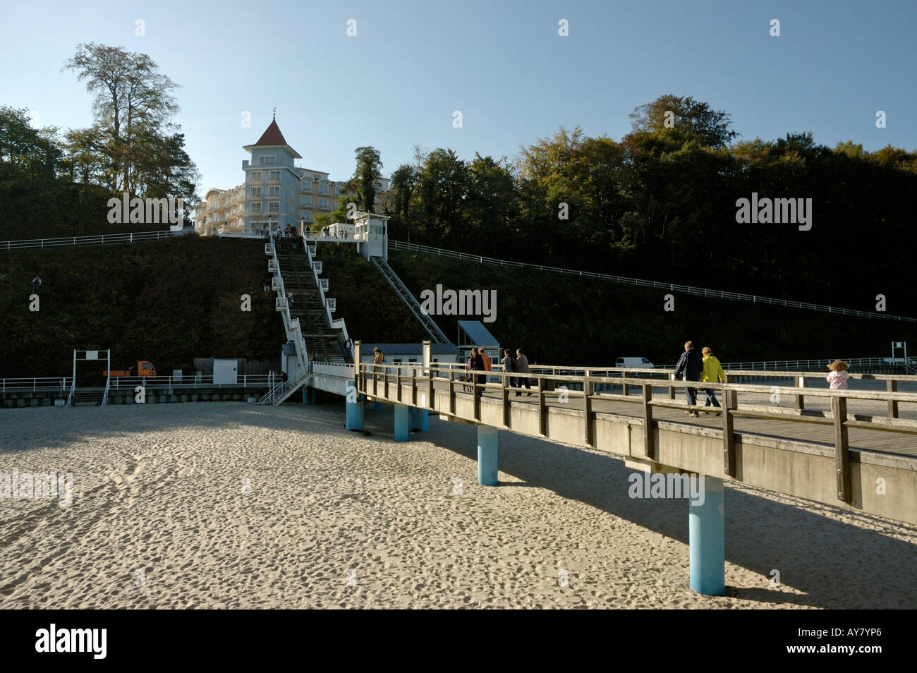 Kurhaus Hotel and 'Jacobs Ladder' stairway to the pier in Ostseebad Sellin, Ruegen, Germany. Stock Photo