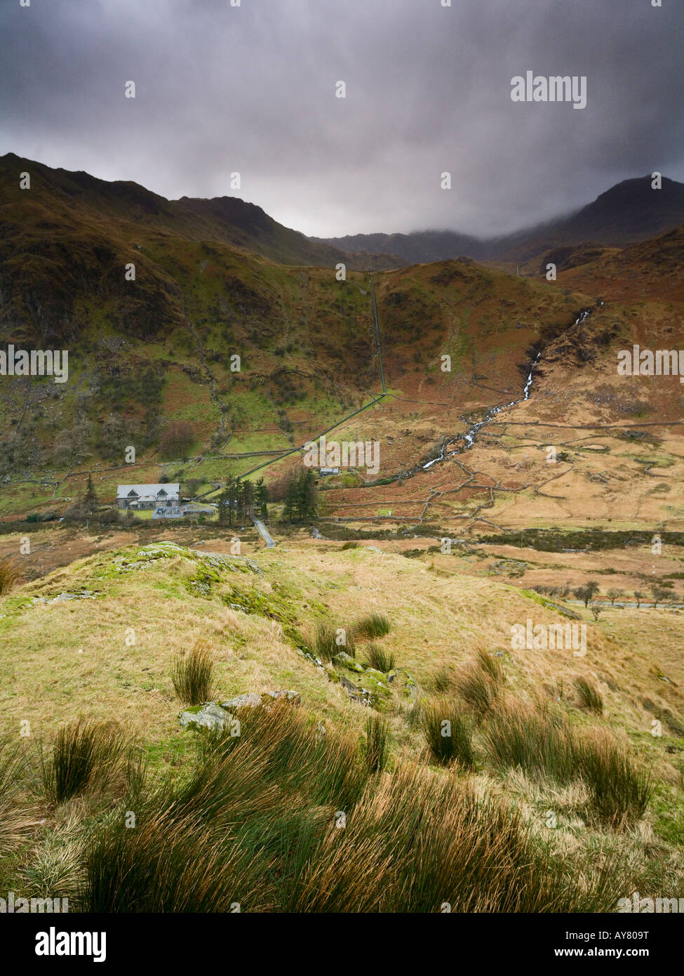 View up to the Snowdon Horseshoe in a storm Wales UK Stock Photo
