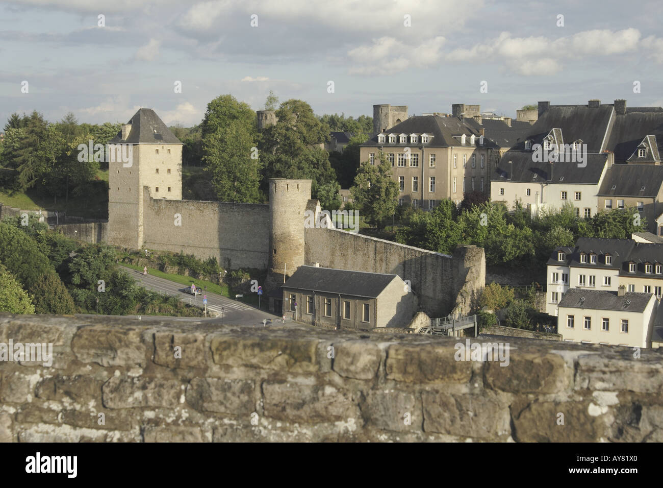 View over wall to the Dinselpuert gate and the Wenzel Wall on the Rham Plateau Luxembourg City Stock Photo