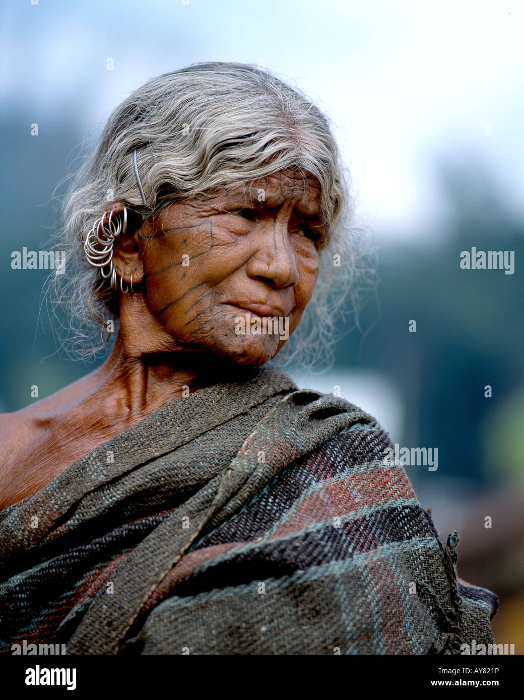 Tribal woman with facial tatoos, Orissa, India Stock Photo
