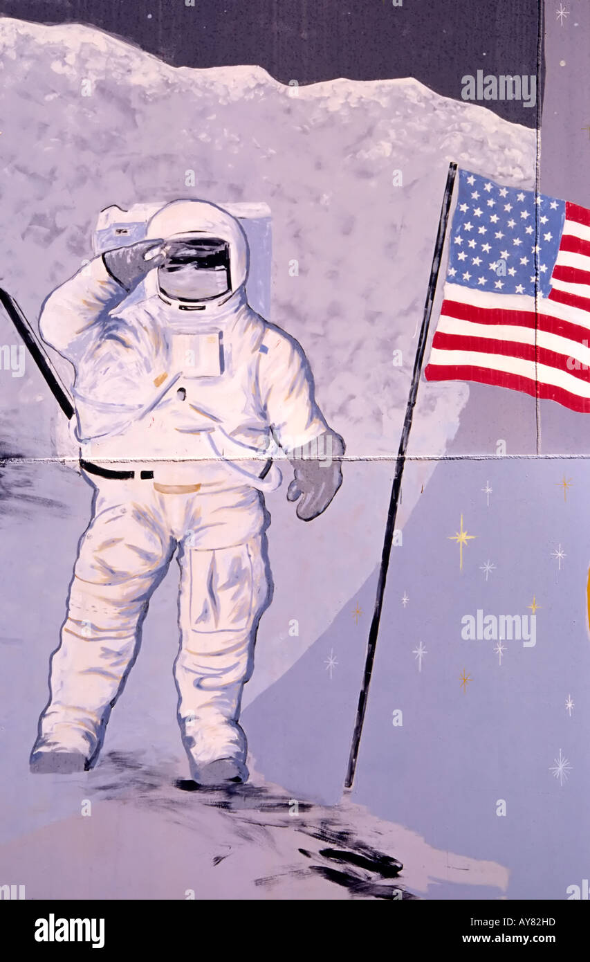 An American astronaut walks on the moon, depicted at the Space Murals Inc. Museum in Organ, near Las Cruces, New Mexico. Stock Photo