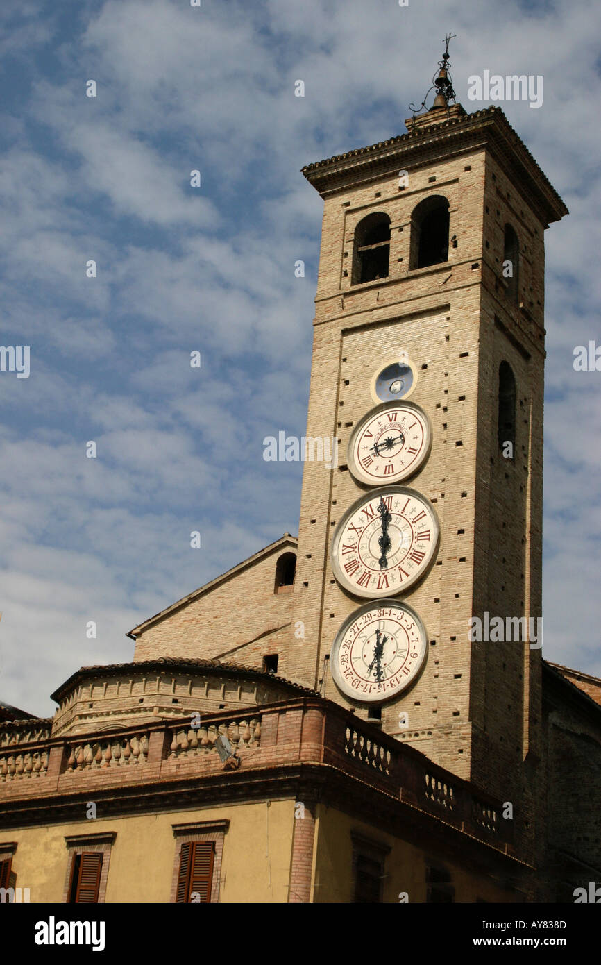 Rare triple faced clock tower in historic city of Tolentino in Le Marche ,the Marches, Italy Stock Photo