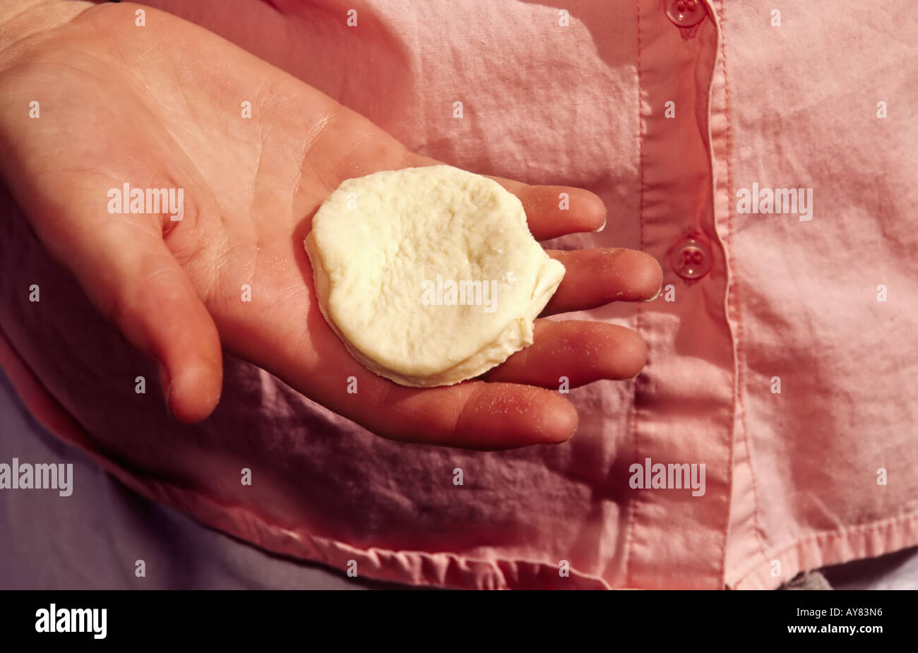 This cut biscuit is ready for cooking, at the New Mexico  Farm and Ranch Heritage Museum Cowboy Days in Las Cruces, New Mexico. Stock Photo