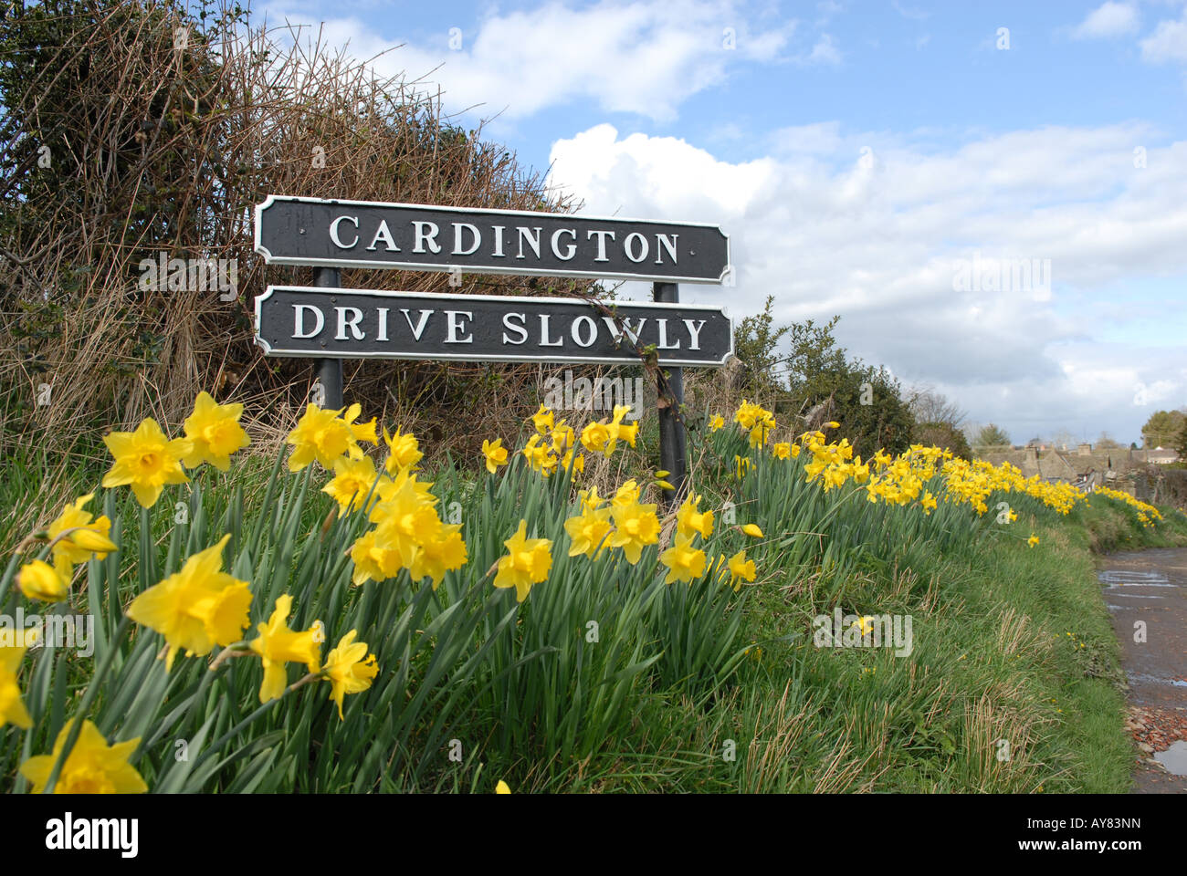 Drive slowly sign at Cardington, near Church Stretton in Shropshire, England Stock Photo