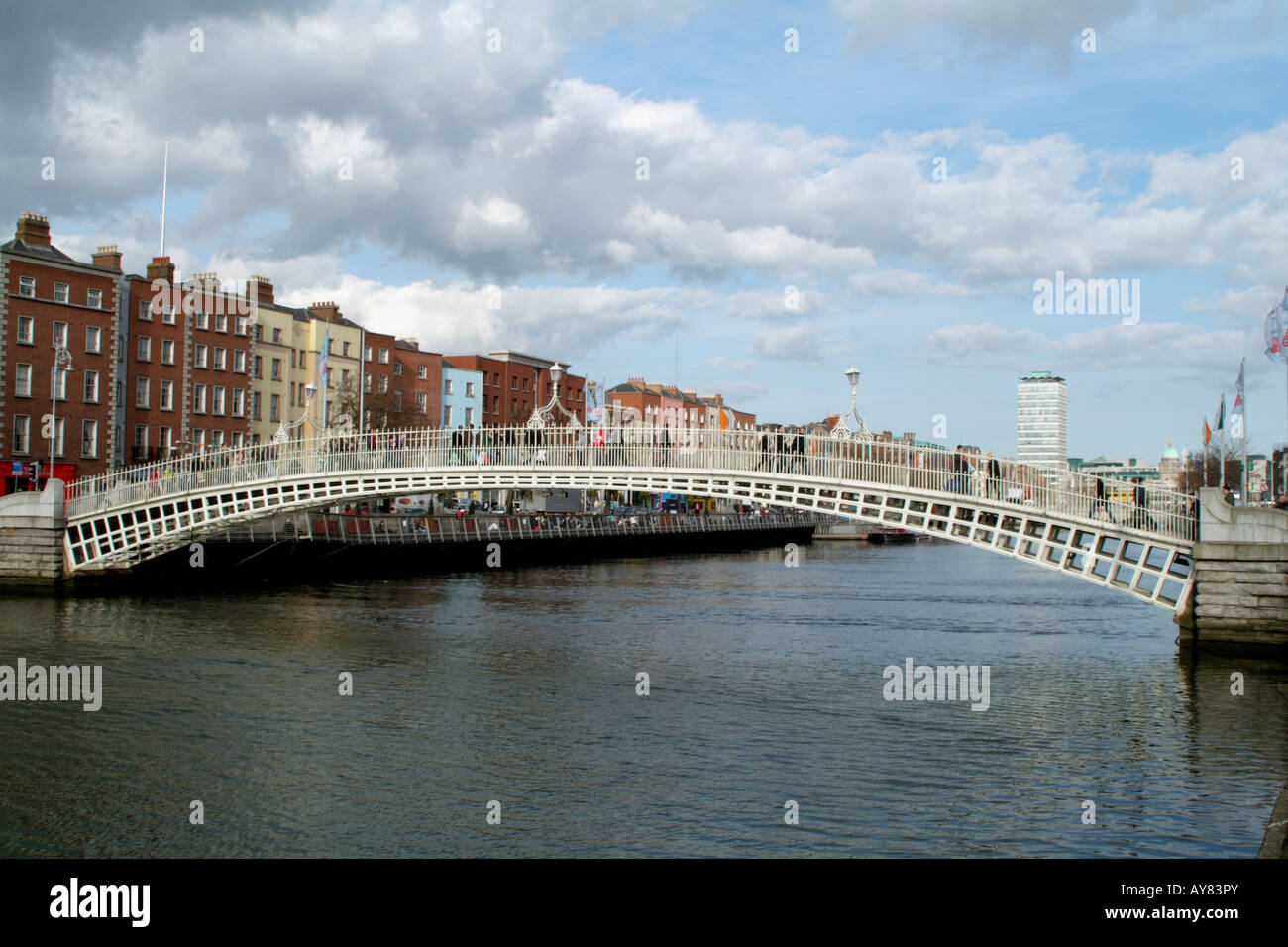 Pedestrian Halfpenny Bridge which crosses the River Liffey in Dublin