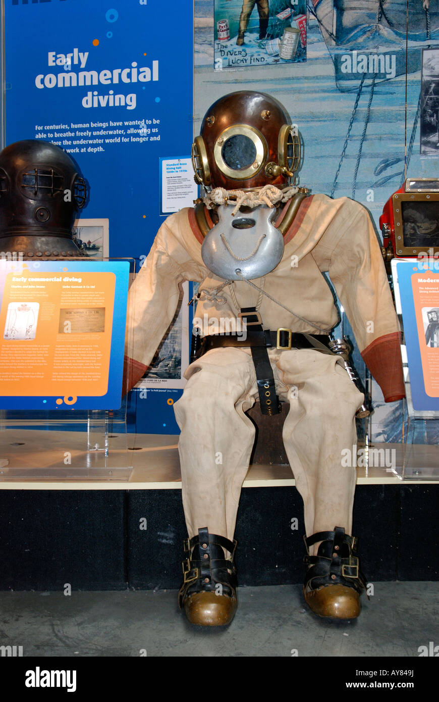 an old style deep sea diving suit at an exhibition in the national maritime museum,falmouth,cornwall Stock Photo