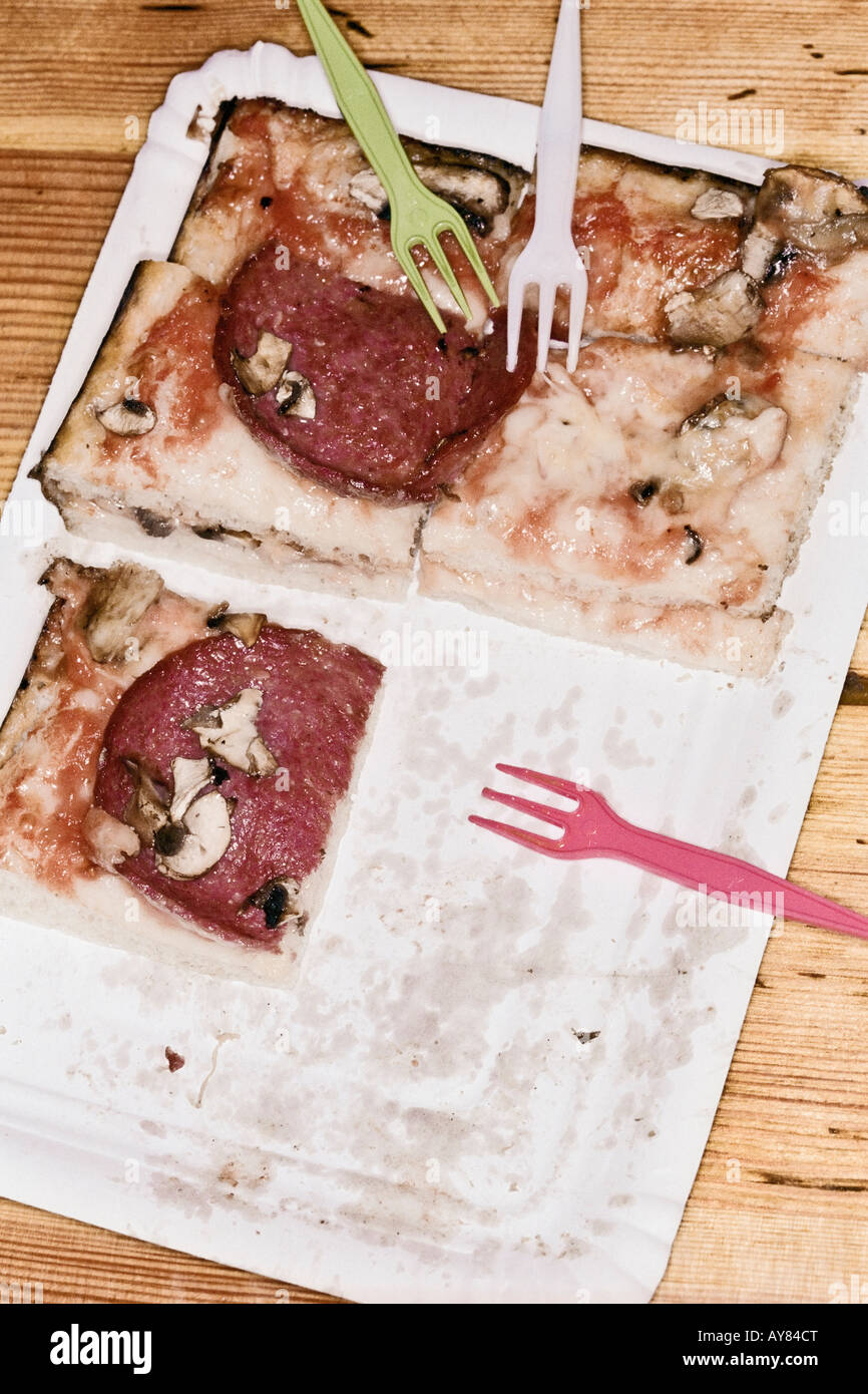 Pizza Slices And Three Plastic Forks Stock Photo