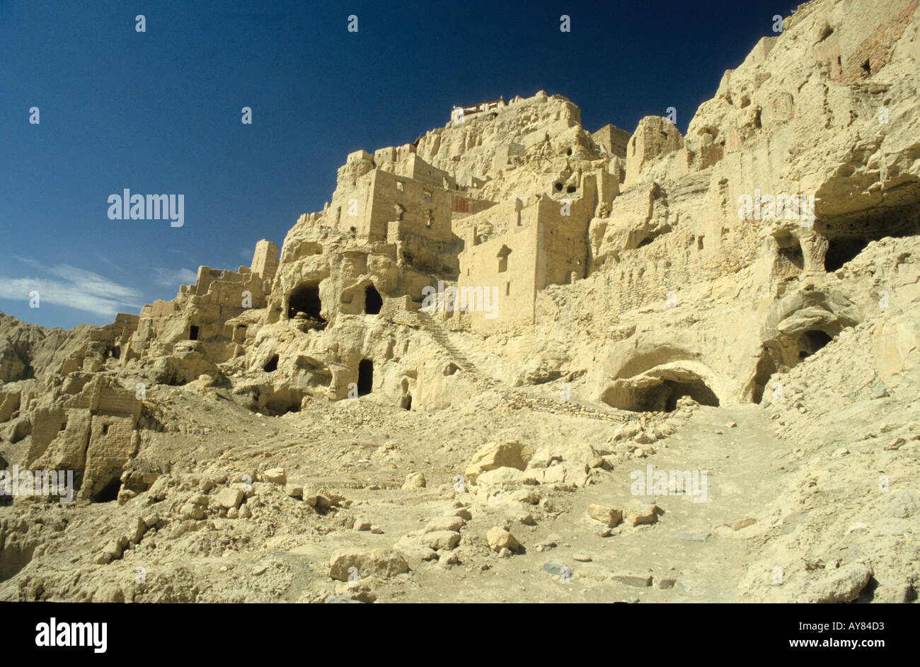 Ancient  Archaeological Remains of Tsaparang of the great 10th century City of Guge ,GU GE, in the west of Tibet Stock Photo