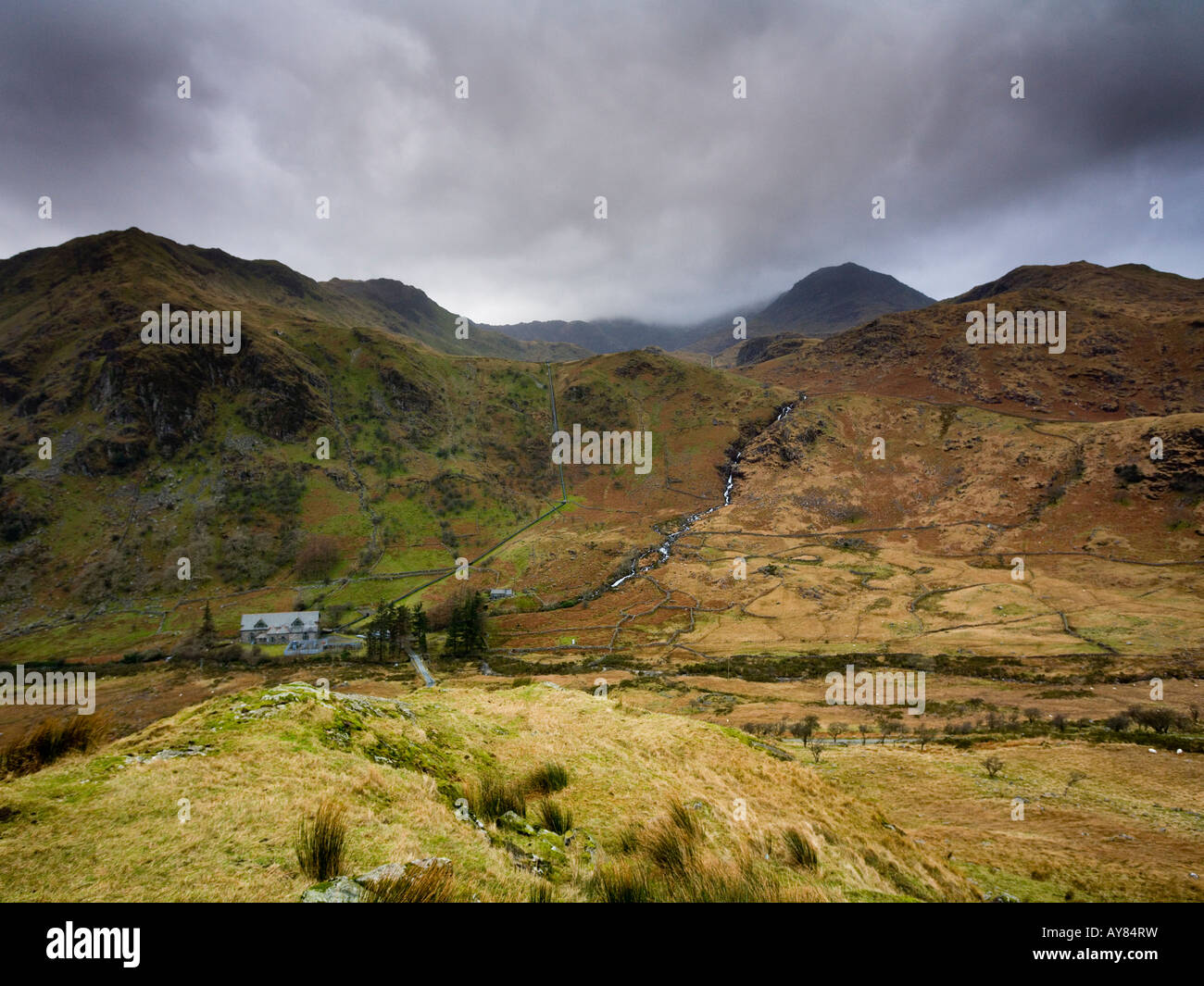 View up to the Snowdon Horseshoe in a storm Wales UK Stock Photo