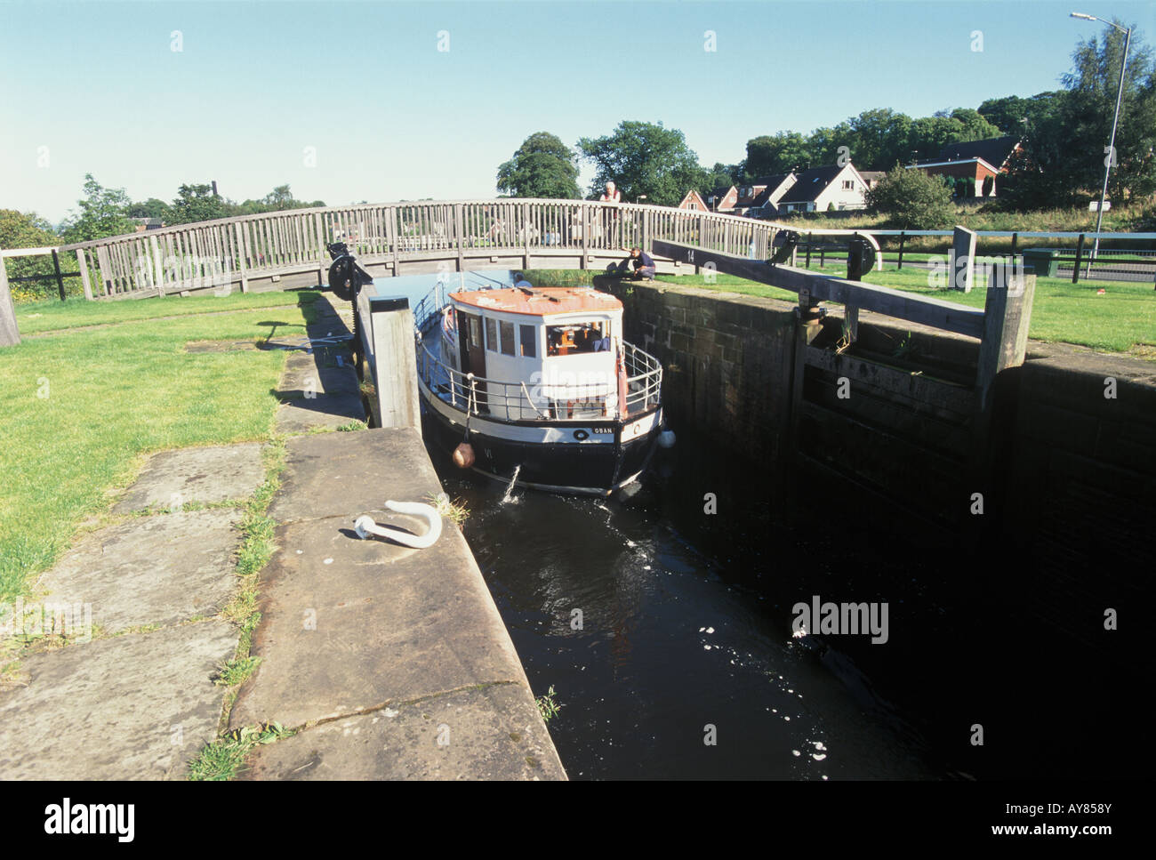 Boat passing through Forth and Clyde canal Camelon Stock Photo