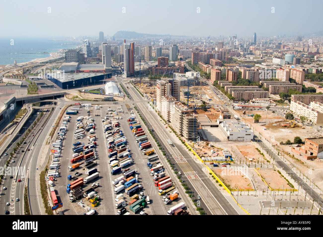 AERIAL VIEW OF DIAGONAL MAR AND  CULTURAL FORUM  CENTER IN BARCELONA CATALONIA SPAIN. Stock Photo