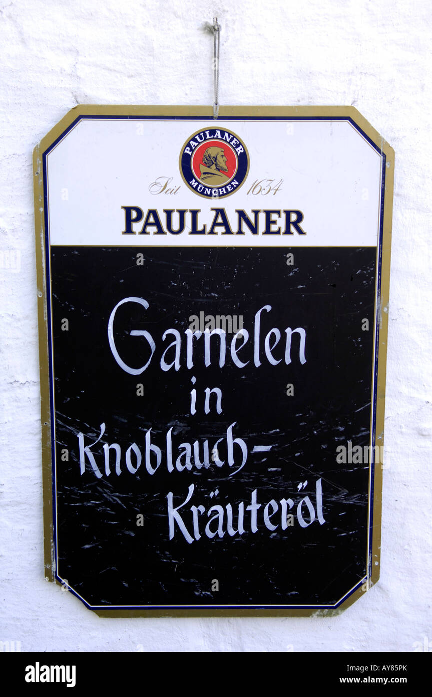 garnelen in knoblauch krauteröl prawns in garlic herbs german sign paulaner garmisch- partenkirchen bavaria sign tourism Stock Photo