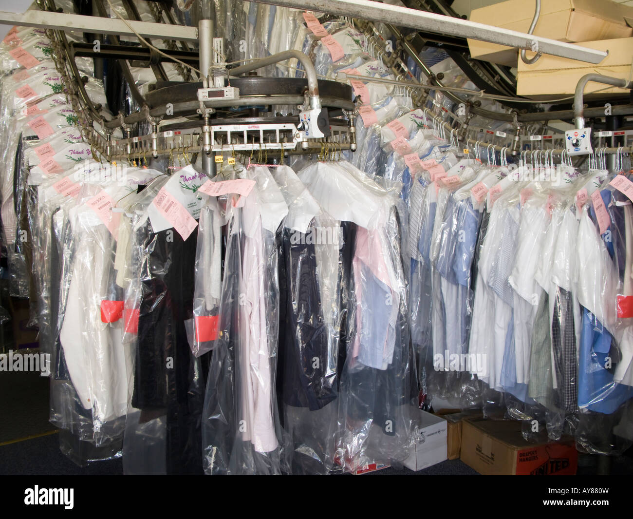Dry cleaning on movable conveyor, Washington DC, USA Stock Photo - Alamy