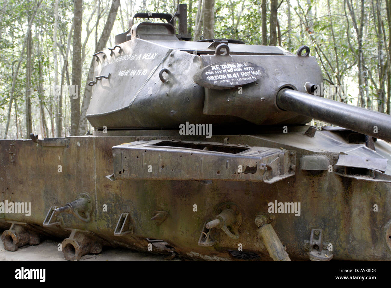 American M-41 Tank destroyed by mine in Vietnam War Cu Chi Vietnam Stock Photo