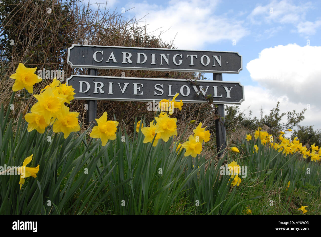 Drive slowly sign at Cardington, near Church Stretton in Shropshire, England Stock Photo