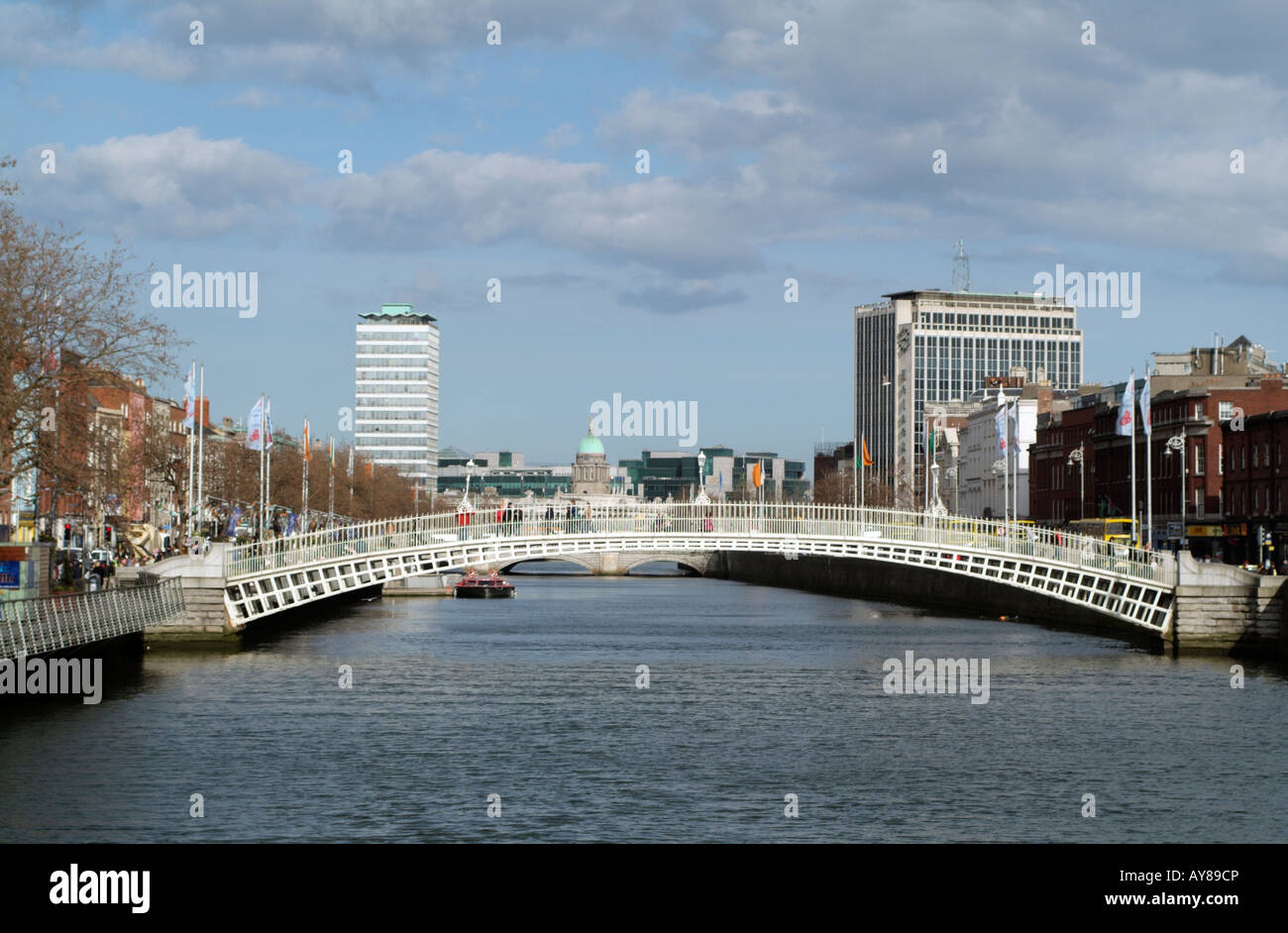 Pedestrian Halfpenny Bridge which crosses the River Liffey in Dublin