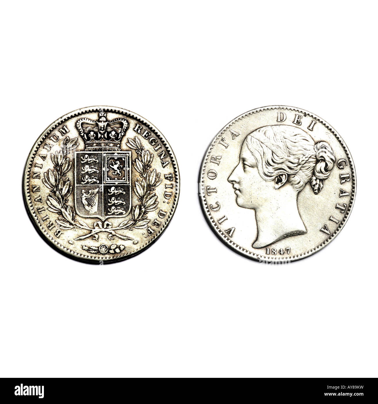 'VICTORIAN CROWN: YOUNG HEAD 1847 OBVERSE AND REVERSE' Stock Photo